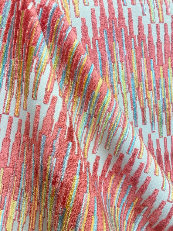 Dixie Hill Ginger Cut Velvet Fabric - Chevron Cut Velvet - Pink and Orange Cut Velvet - Fabric by the Yard - Upholstery Velvet