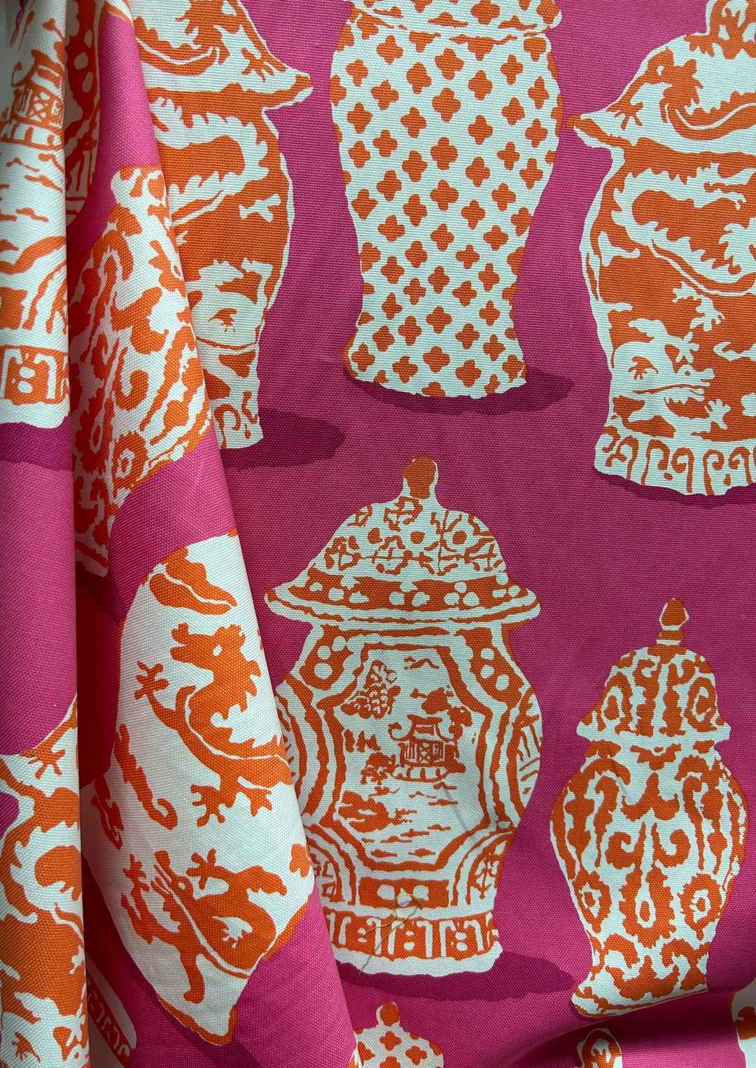 Pink and Orange Ginger Jars Upholstery Fabric Vases Chinoiserie Fabric