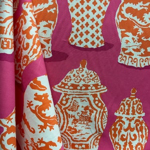 Pink and Orange Ginger Jars - Upholstery Fabric - Vases - Chinoiserie Fabric - Stroheim - Fabric by the Yard