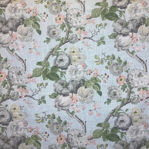 May include: A light blue fabric with a floral pattern featuring gray, white, and pink roses. The fabric has a subtle linen texture.