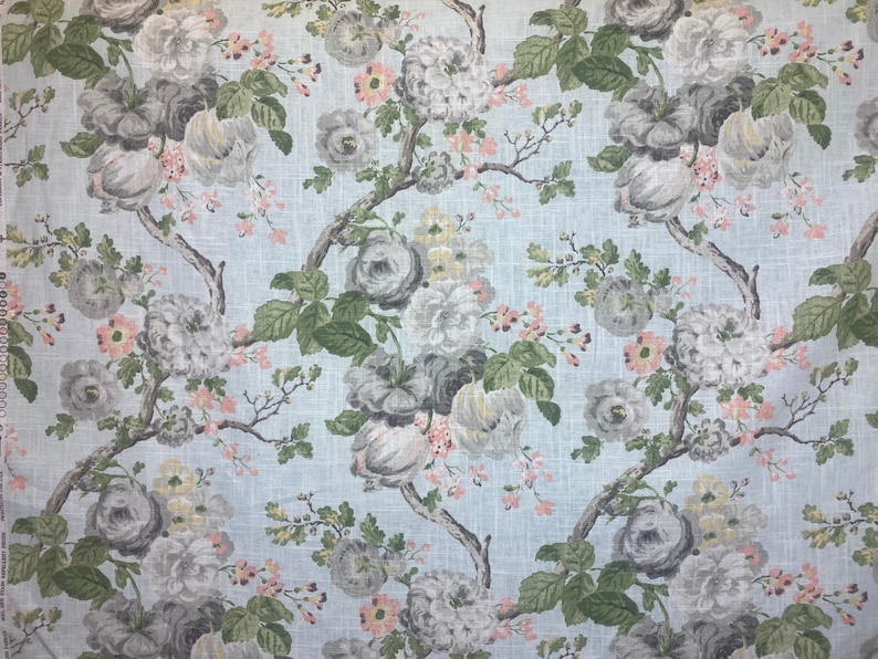 May include: A light blue fabric with a floral pattern featuring gray, white, and pink roses. The fabric has a subtle linen texture.