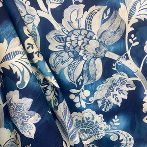 Linnisbrook Lapis - Blue and White Floral Drapery Fabric - Upholstery Fabric - Large Floral Pattern - Fabric by the Yard