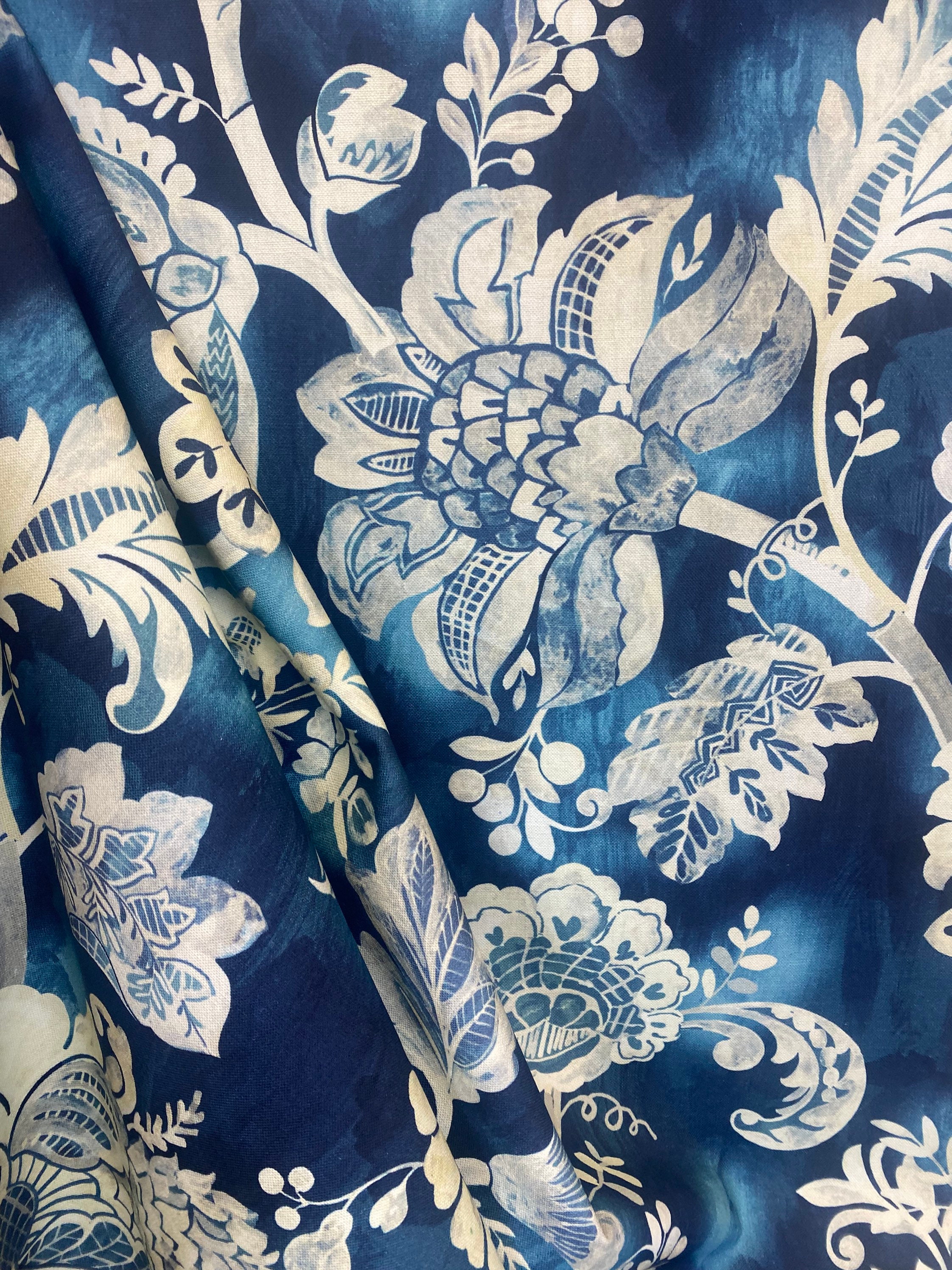 7 yards Floral Linen Fabric / Blue Linen Upholstery / Drapery Fabric /  Woven Blue Fabric / Heavy weight Fabric / Dark Blue Linen