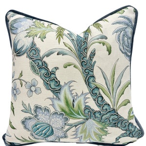 Cowtan and Tout Arabella Sky Blue 22x22 Self Welt Pillow Cover with Navy Velvet Welt and Backing - Decorative Pillow Cover - Cowtan and Tout