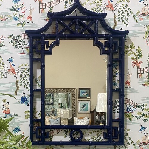 Navy Bamboo Pagoda Mirror Navy Asian Mirror Etsy