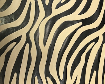 Zebra - Congo - Black and Taupe - Faux Leather - Flocked and Vinyl - Upholstery Fabric By The Yard
