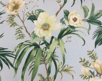 Tropical White Flowers - Palm Leaves - Light Blue Background - Upholstery Fabric - Drapery Fabric - Fabric by the Yard - Pillows - Cushions