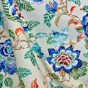 Summer Palace Matcha - bird - floral - vibrant - blue - whimsical - home decor - drapery fabric - fabric by the yard