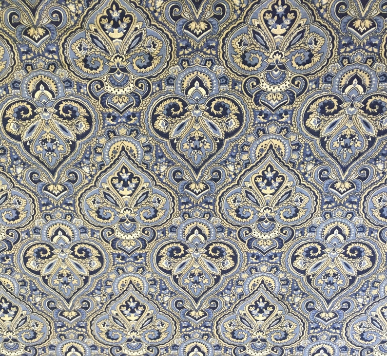 Navy Damask Blue Upholstery Fabric by the Yard Cream Medallion