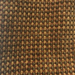 May include: A close-up of a fabric with a repeating pattern of brown and gold circles on a burgundy background.