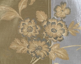 Blue - Gold - Stripe - Painted Floral - Silk Fabric  By The Yard