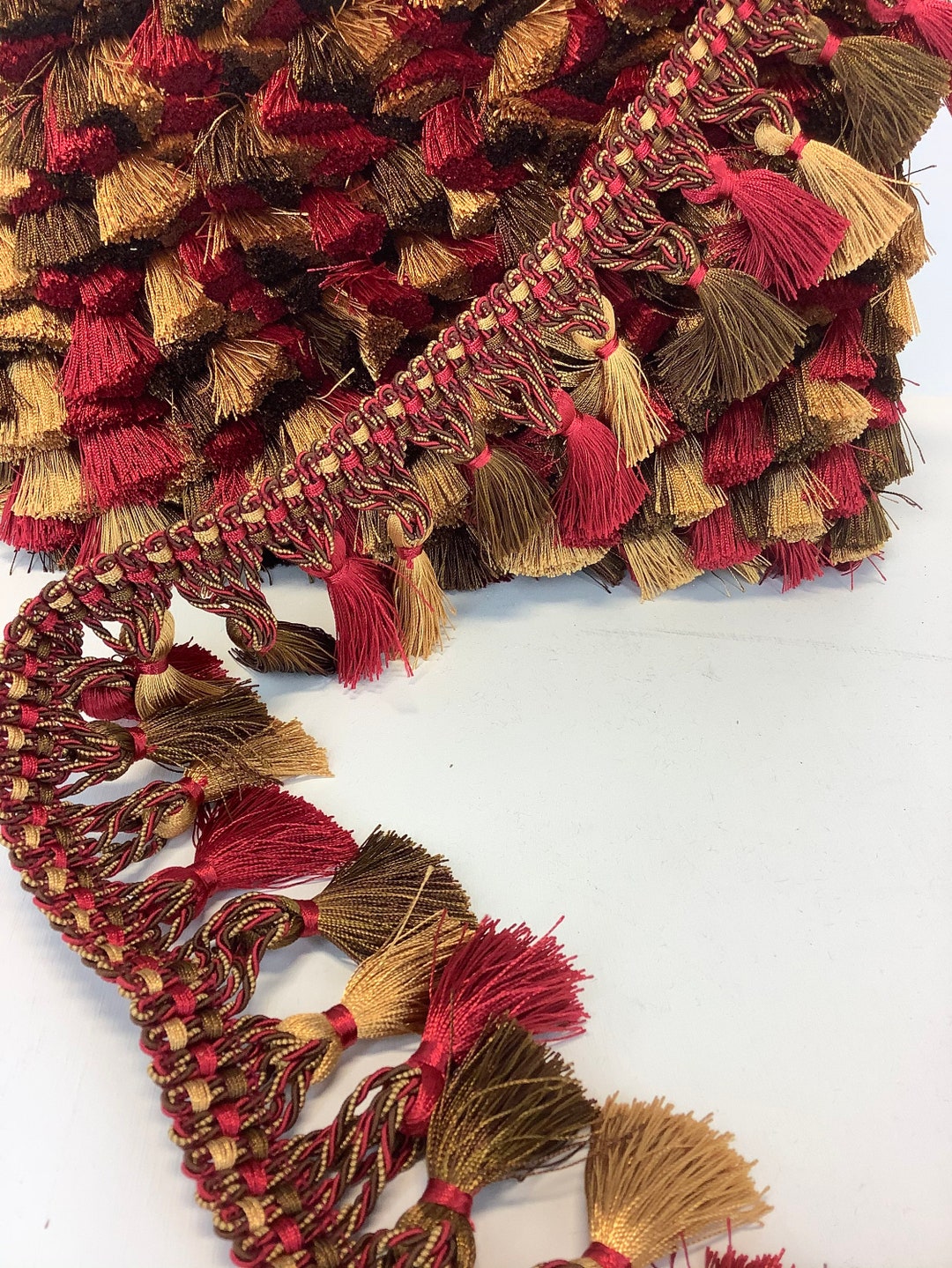 Rustic Spanish Inspired Fringe Red Gold Brown Tassel Fringe Trim by the