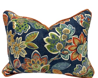 Navy Floral Garden Jackie-O Tangerine - home decor - floral - orange - custom - throw pillow - pillow cover