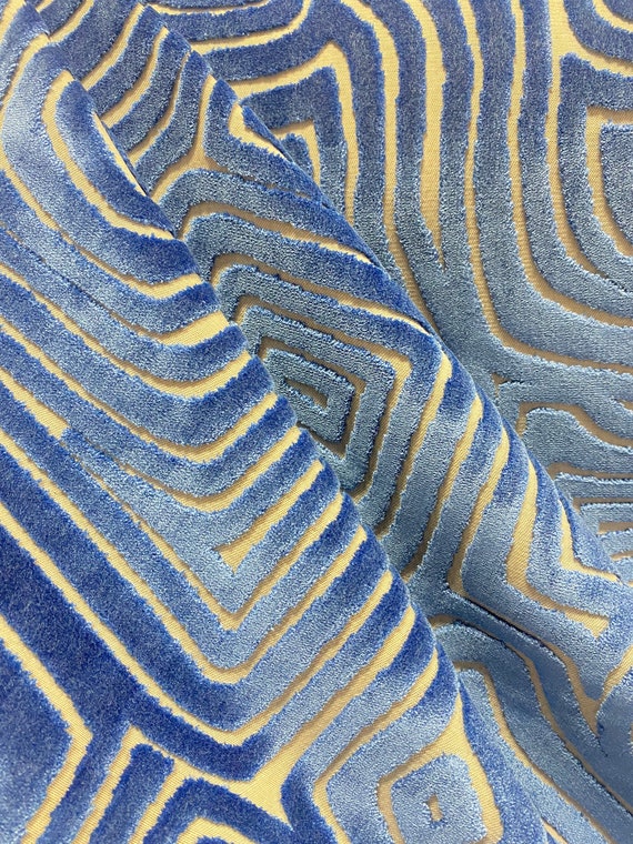 Cretendo Indigo Cut Velvet - Geometric Fabric - Fabric by the Yard - Custom Cut Fabric - Home Decor - Home Accents - Pillows - Cushions