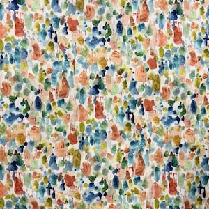 May include: Abstract watercolor pattern with a white background and colorful splotches of blue, green, orange, and red.