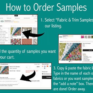 Pu&ograve; includere: Come ordinare campioni di tessuto e rifiniture in un negozio Etsy. L'immagine mostra tre schermate del sito web del negozio Etsy. La prima schermata mostra l'elenco del negozio per campioni di tessuto e rifiniture. La seconda schermata mostra il carrello dell'utente con la quantit&agrave; di campioni che desidera ordinare. La terza schermata mostra la pagina di pagamento dove l'utente pu&ograve; aggiungere una nota con il link del tessuto o il nome del tessuto di cui desidera campioni.