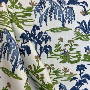 Meadow Bermuda -  green - blue - tree - chinoiserie - drapery fabric - upholstery fabric - fabric by the yard