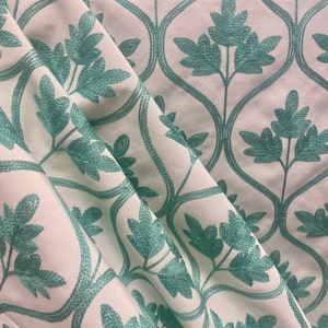 Mayfair Aqua - Teal Leaf pattern - Leaf Pattern - Blue Leaf Pattern - Embroidered Fabric - Fabric by the Yard