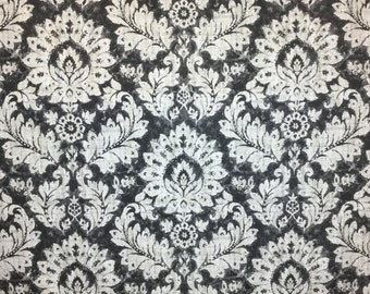 Distressed Black and White Damask - Upholstery - Drapery - Fabric by the Yard - Custom Pillow - Drapery Panels