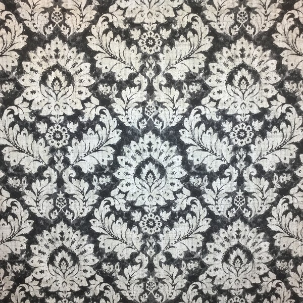 Distressed Black and White Damask - Upholstery - Drapery - Fabric by the Yard - Custom Pillow - Drapery Panels