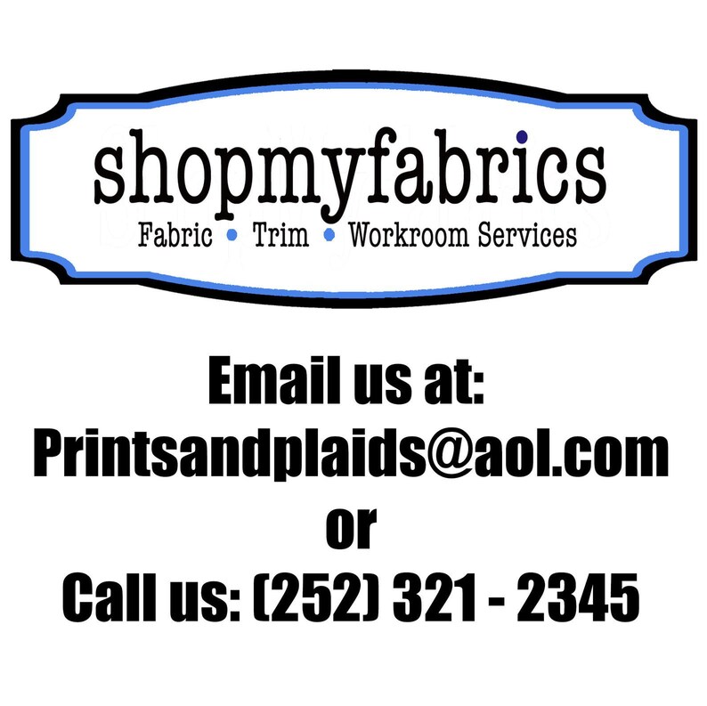 May include: A white background with the text "shopmyfabrics" in a black, stylized font, with the words "Fabric", "Trim", and "Workroom Services" below. Additional text includes an email address and a phone number.