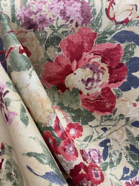 Lisette Vintage Linen Floral Upholstery Fabric Pink and Purple