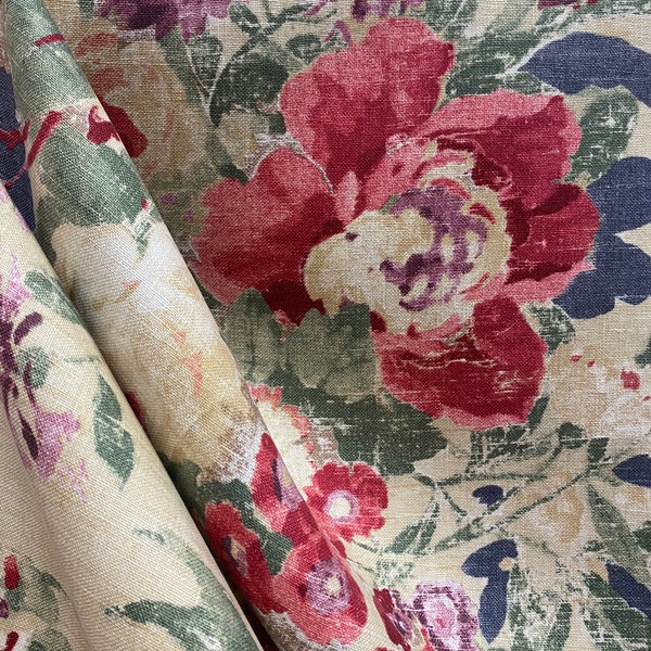 Lisette Vintage Linen Floral - Upholstery Fabric - Pink and Purple Floral - Rustic Floral - Fabric by the Yard