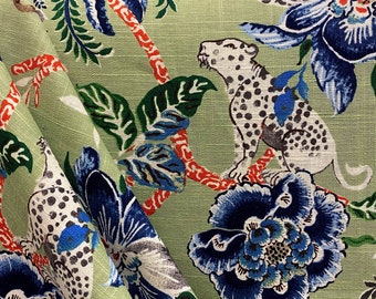 Braganza Endive - Blue and Green Jungle Pattern - Blue and Green Upholstery Fabric - Tiger Pattern - Fabric by the Yard