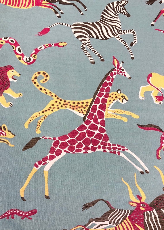 Running Wild - Aqua - Zebra - Giraffe - Lions - Cheetah -Designers Choice - Large Scale - Decorative Pillow - Upholstery Fabric By The Yard
