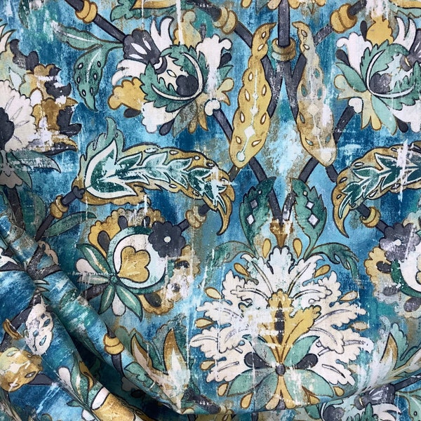 Covington - Hermes Peacock - Echo - Multi Toned Blue and Yellow Damask - Designer Fabric - Fabric by the Yard - Pillows - Cushions - Drapes