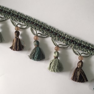Seafoam - Brown - Tassel Fringe - Smokey Bead - Trim by The Yard - Custom Cut Yardage - Embellishment - Pillows - Cushions - Sofas - Lamps
