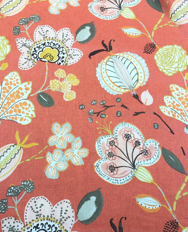 Jacobean Salmon Blush Gray floral Drapery Fabric by Etsy