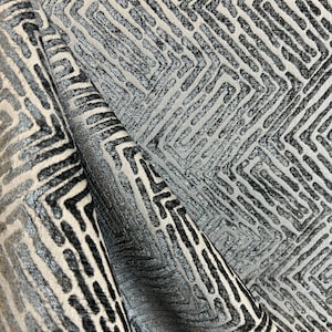 Ellerby Slate Cut Velvet Geometric - navy blue - zig zag - chevron - upholstery fabric - fabric by the yard