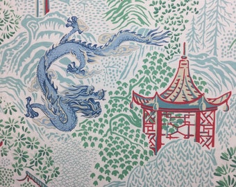 Aqua Garden Chinoiserie - Pagoda - Dragon - Upholstery Fabric By The Yard