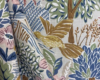 River Walk Blue Garden - nature - floral - tree - bird - golden - home decor - upholstery fabric - drapery fabirc - fabric by the yard