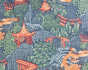 Navy Asian Pagoda - Chinoiserie -Dragon - Upholstery Fabric By The Yard