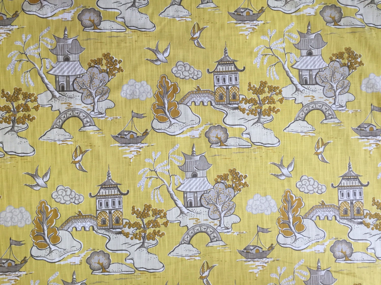 Asian Toile - Chinoiserie - Pagoda Fabric - Wang Chung Lemon - Lemon ...