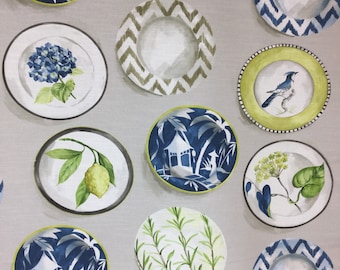 Decorative Plates - Blue - Green - Chinoiserie - Lemon - Drapery - Fabric by the Yard - Custom Cut Yardage - Novelty Fabric - Pillows
