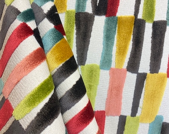 Stricker Coral Bold Geometric Cut Velvet - Patterned Velvet - Rainbow - Geometric - Teal, Green, Gold Cut Velvet - Home Decor Upholstery