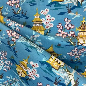Shoji Azure - Chinoiserie - Pagoda - Blossom Trees - Vibrant Blue - Yellow - Fabric by the Yard