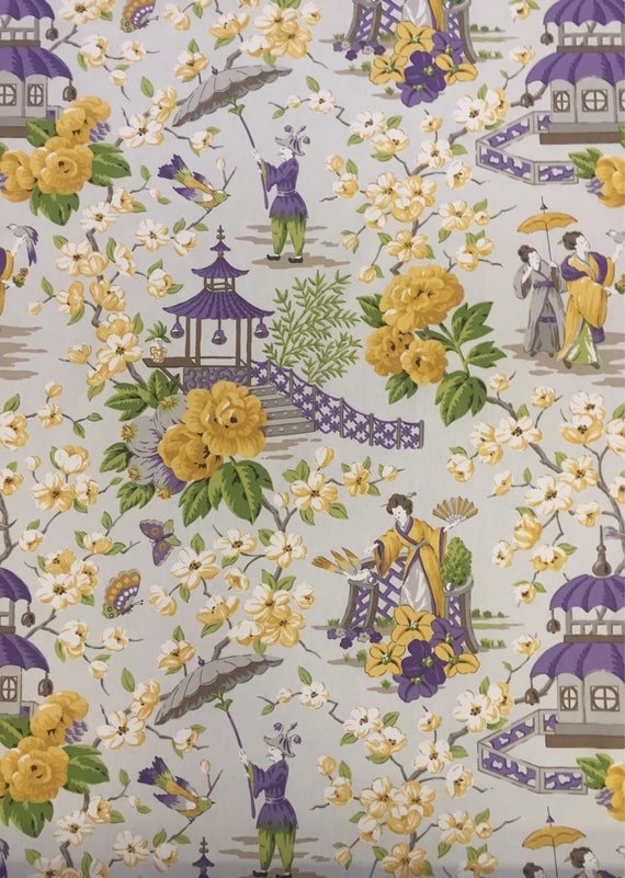 Purple Yellow Chinoiserie Upholstery Fabric by The Yard Etsy