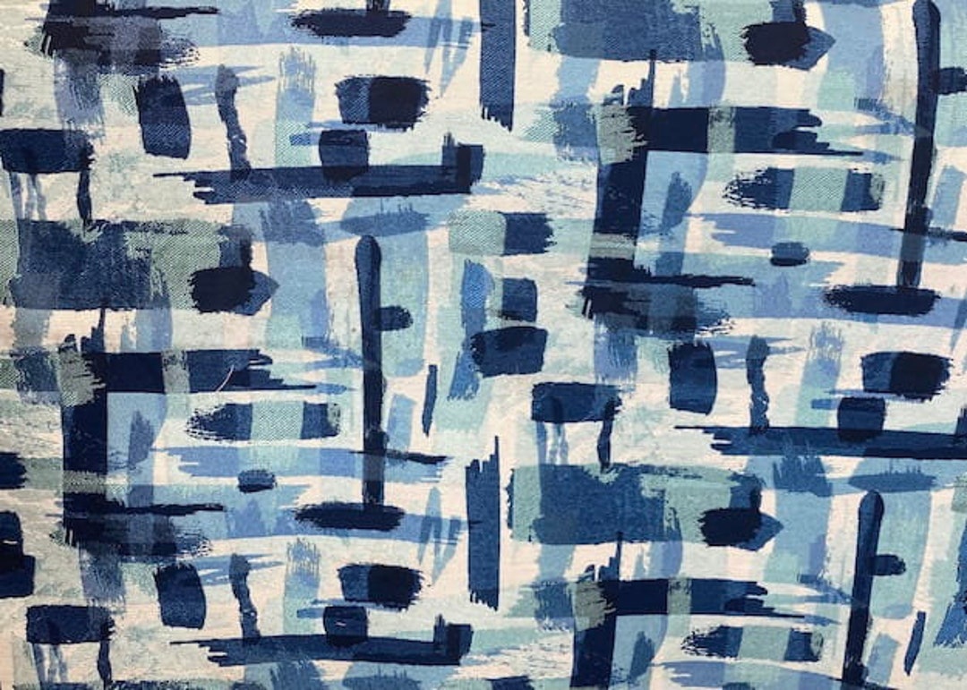 Blue Hues Splatter Paint Upholstery Fabric Brush Stokes Print Heavyweight Upholstery Fabric by