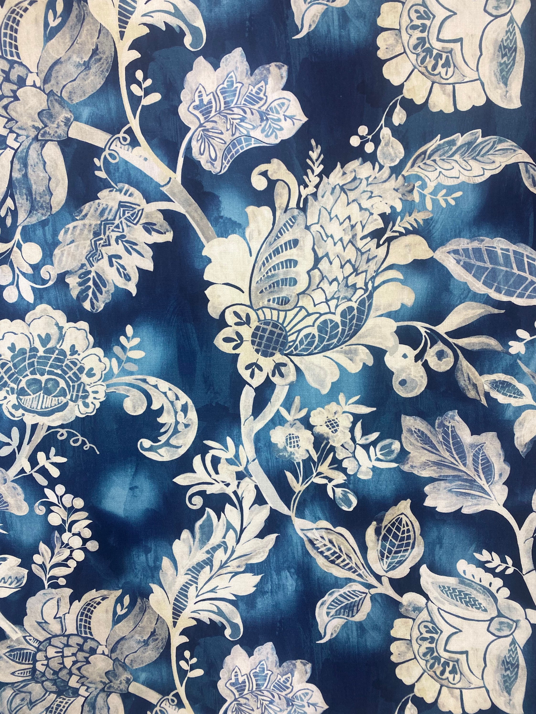 Navy Blue Floral Embroidery Drapery and Upholstery Fabric by The Yard