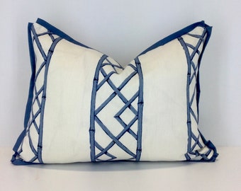 Kravet Blue Bamboo Lattice Pillow Cover - Accent with Blue Flange