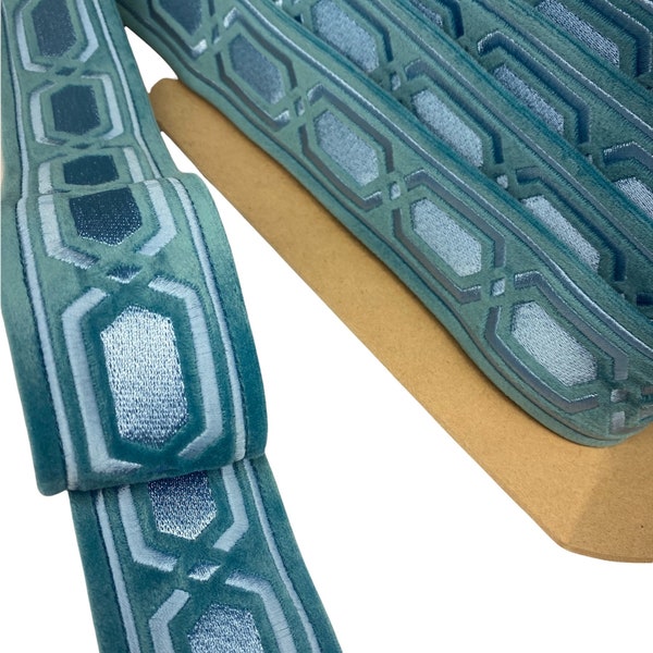 Turquoise Velvet Geometric Tape Trim - Popular Home Decor Trimmings - Velvet Edging for Pillows - Turquoise Edging for Drapery