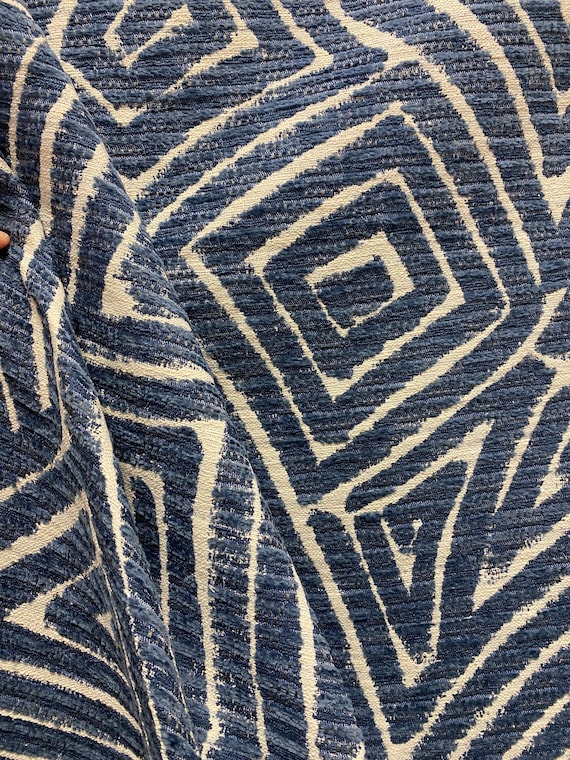 Navy Blue Geometric Trim Drapery and Upholstery Fabric by the Yard