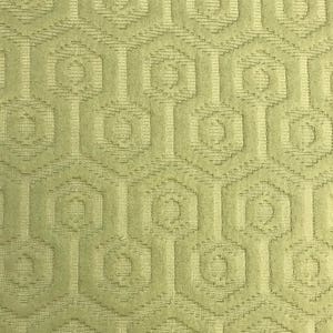 May include: A close-up of a green fabric with a repeating geometric pattern. The pattern is made up of small circles and squares.