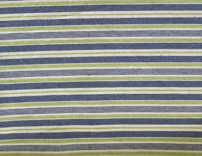 May include: A striped fabric with alternating blue and green stripes on a white background.