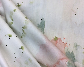 Jenkins Tearose - Watercolor - Pastel Pink - Varying Green - Splashes of Color - Fabric by the Yard