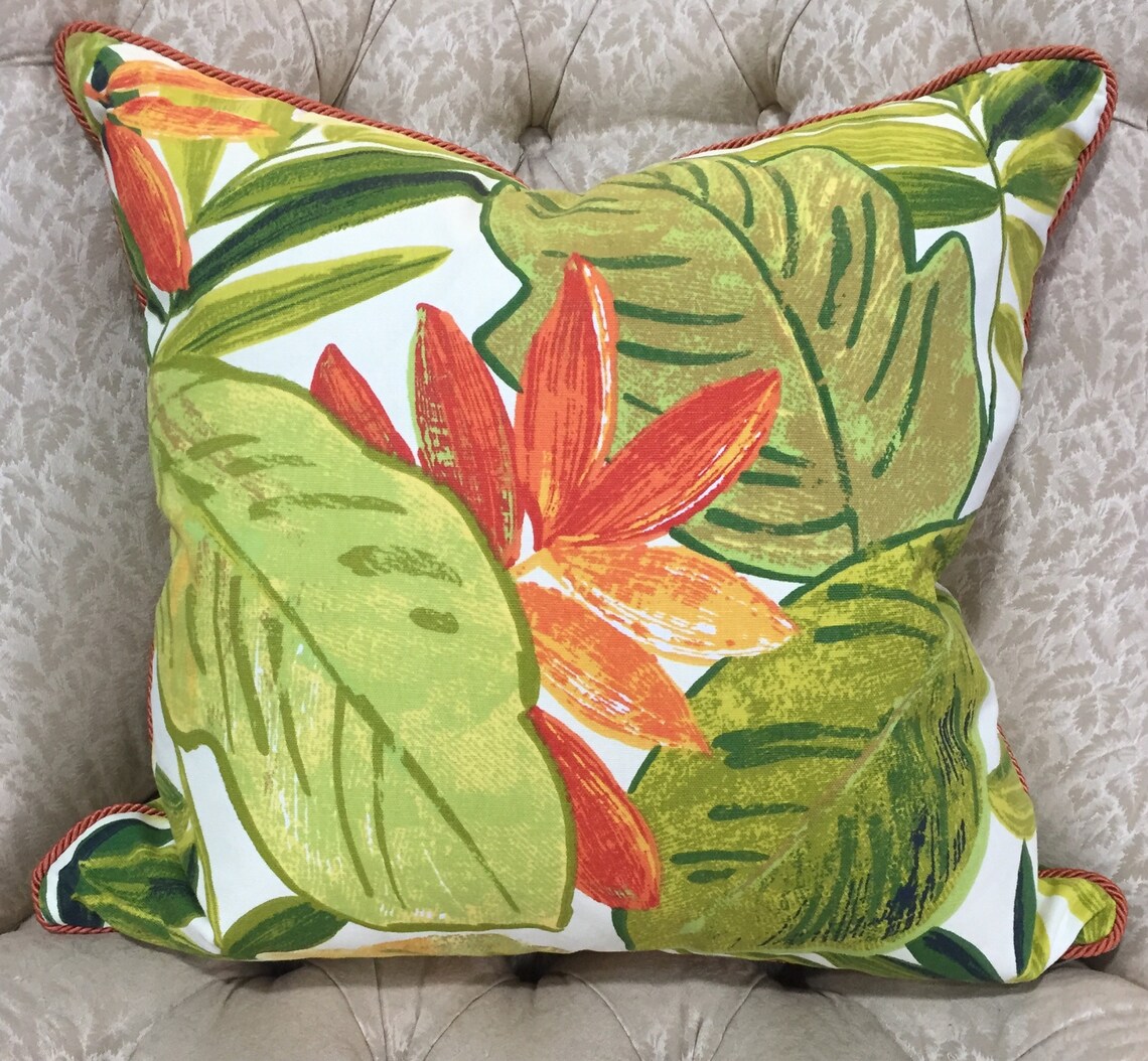 Tropical Leaf Pillow Cover Orange and Green Throw Pillow Etsy